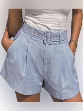 Prosperina High-Waist Light Blue Pleated Belted Shorts